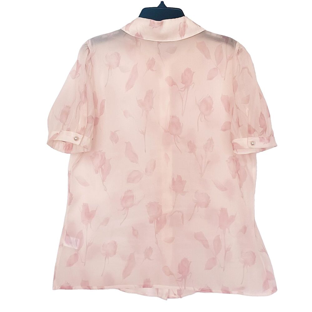 AliceBlue Women’s M Pink Floral Sheer Chiffon Collared Button Puff Sleeve Blouse - Picture 5 of 12